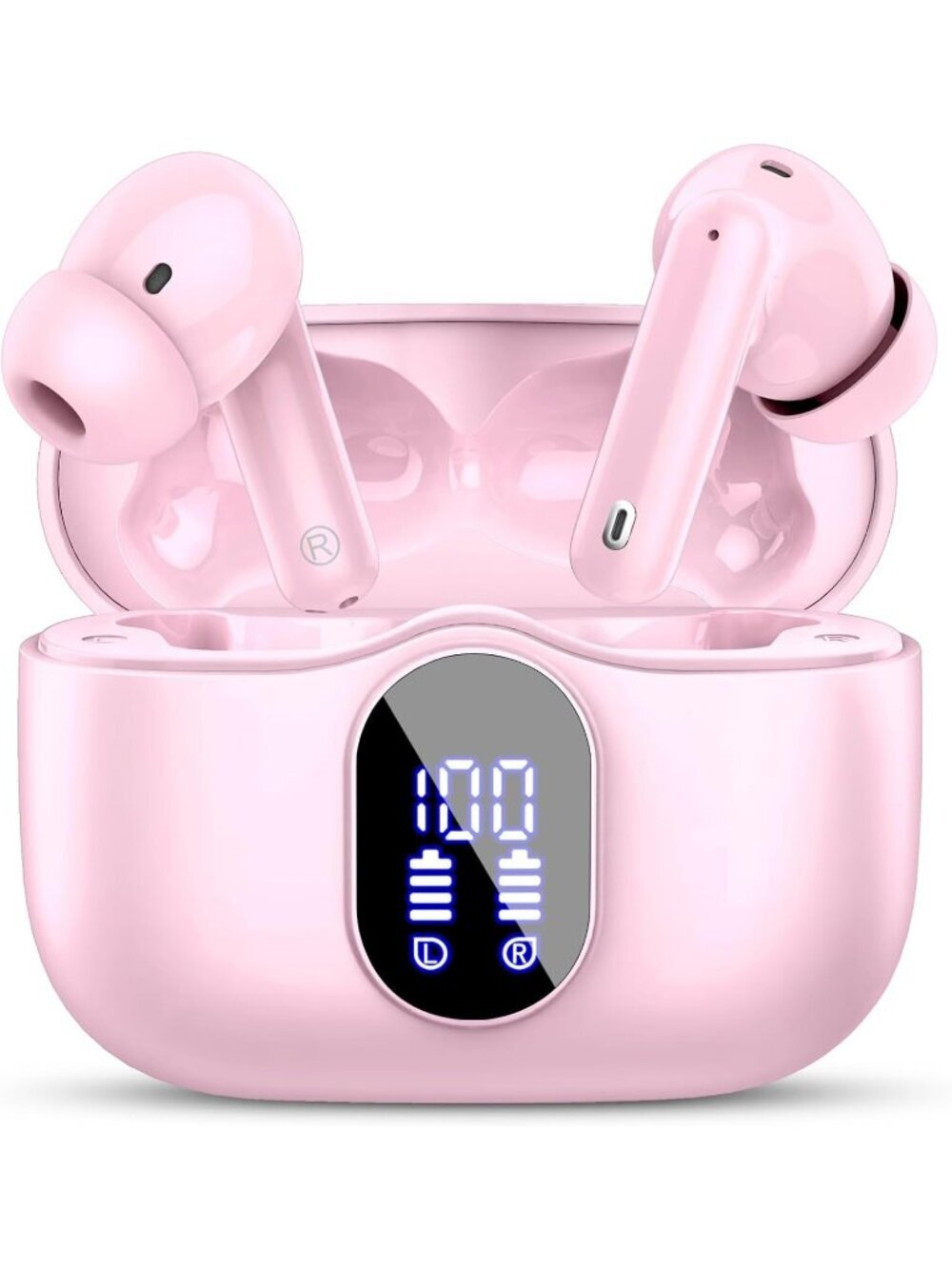 Wireless Pink Bass Stereo Noise Cancelling Mic LED Display Bluetooth 5.4 Earbud
